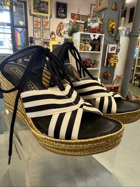 Marc Jacobs Black & White Striped Espadrille Wedge Sandals 37